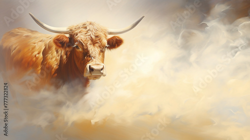 A serene cow grazes amid gentle wisps of smoke, blending rustic charm with a touch of mystique. A tranquil scene capturing the beauty of the pastoral and the enigmatic. photo
