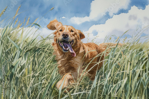A detailed Watercolor painting capturing a dog energetically running through tall green grass under a clear blue sky
