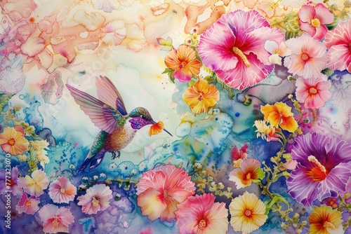 Watercolor painting featuring a vibrant hummingbird hovering near colorful flowers in full bloom