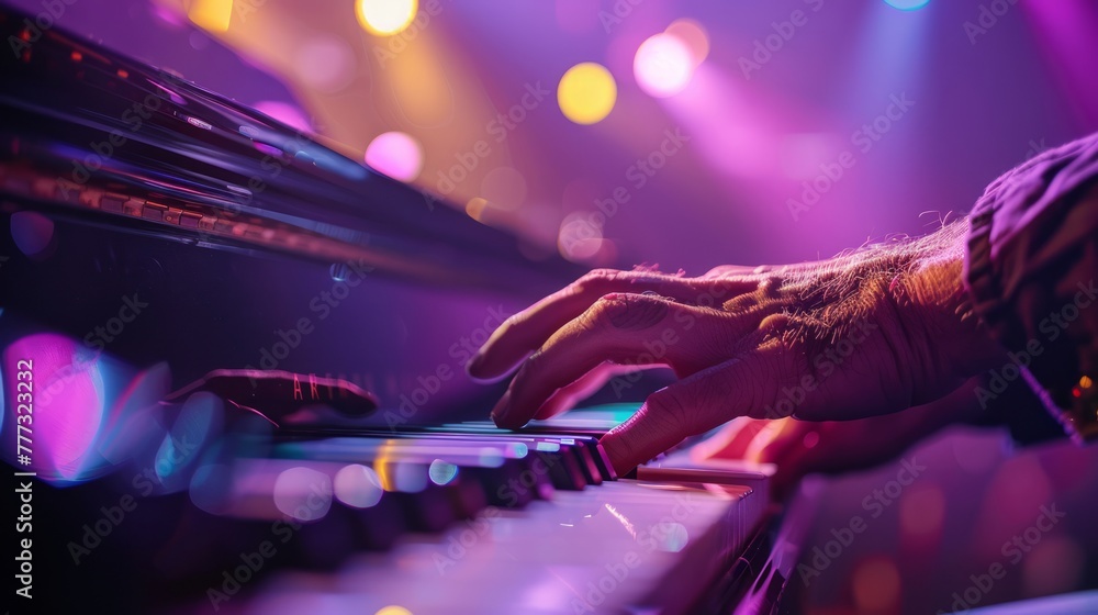 Live jazz performance. Close-up of musicians hands playing piano over purple background with lights.