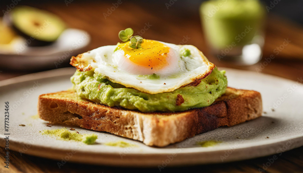 Toasted bread with guacamole and fried egg. Tasty breakfast. Delicious food. Culinary concept.