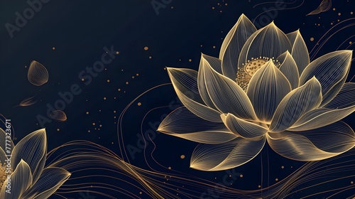 Gold lotus line art background. Luxury design template with line lily. Nelumbo nucifera flower for banners, yoga, festival, invitations, cover, special offer and packaging design. photo