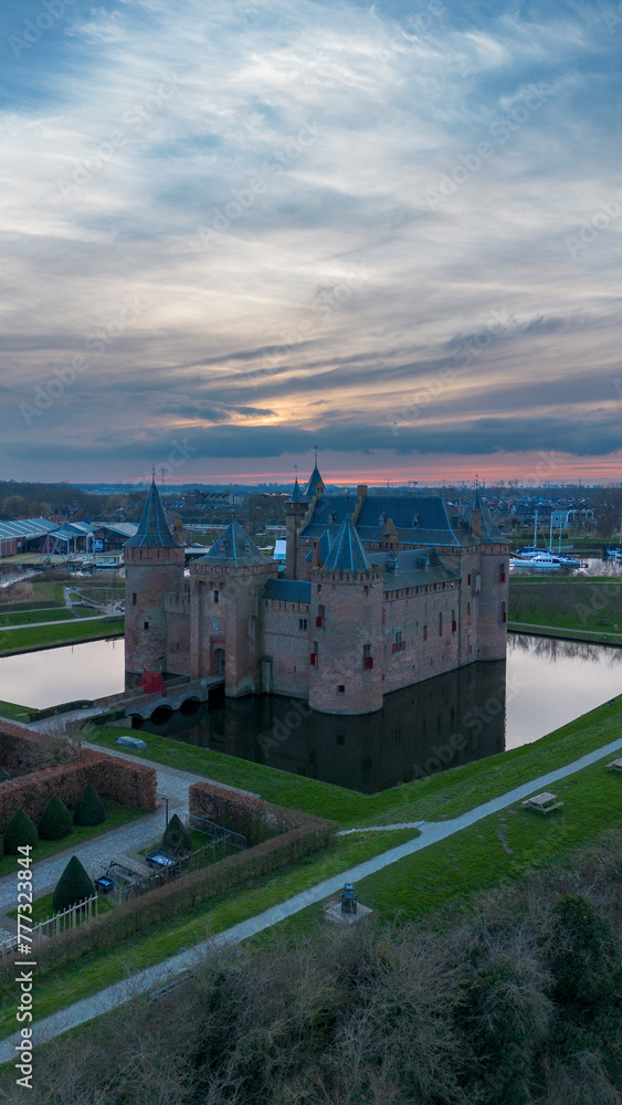 Beautiful view from above of Muiderslot Castle. One of the best preserved and restored medieval castles in the modern Netherlands. Located in Muiden.