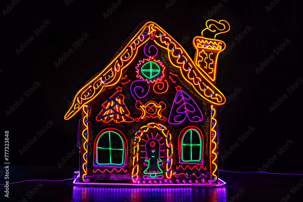 Neon fantasy gingerbread house with glowing windows isotated on black background.