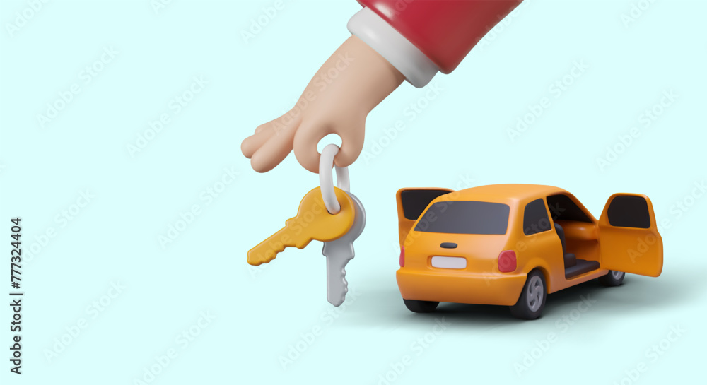 Realistic car with open door, hand holding keys. Concept of buying, selling, renting vehicle