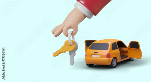 Realistic car with open door, hand holding keys. Concept of buying, selling, renting vehicle