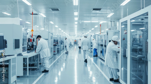 Witness the innovation of clean room technology in microchip manufacturing. AI generative. photo
