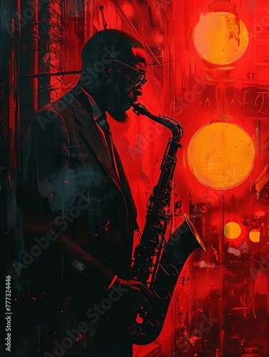 A stylized illustration of jazz saxophonist playing in a dimly lit jazz club.
