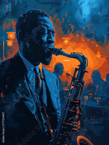 A stylized illustration of jazz saxophonist playing in a dimly lit jazz club. Cover art for jazz album and collection of live recordings.