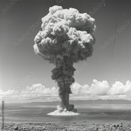 Explore the terrifying beauty of a mushroom-shaped cloud formed by a powerful nuclear explosion, a haunting reminder of the devastating potential of nuclear weaponry.AI generative enhancements. photo