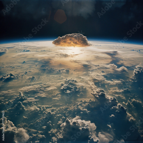 Explore the terrifying beauty of a mushroom-shaped cloud formed by a powerful nuclear explosion, a haunting reminder of the devastating potential of nuclear weaponry.AI generative enhancements. photo