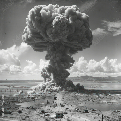 Witness the catastrophic aftermath of a thermonuclear explosion with an awe-inspiring mushroom cloud, captured in stunning detail and enhanced by AI generative technology. photo