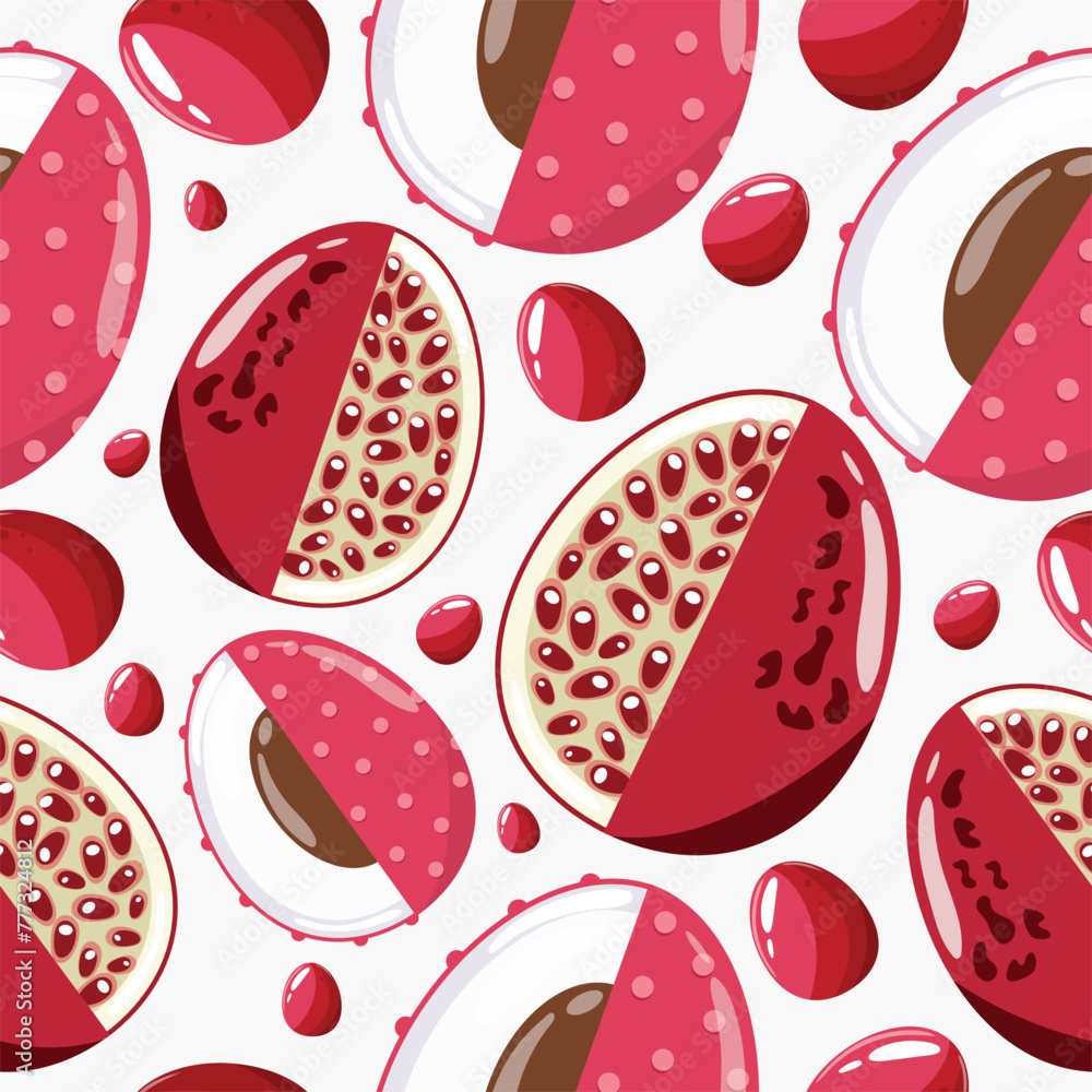 Easter seamless pattern with decorated eggs with garnet, lychees and red eggs for holiday poster, textile or packaging
