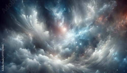 "Galactic Serenity" unveils a tranquil and ethereal segment of the cosmos in a wide-format abstract wallpaper. This piece artfully blends luminous whites, soft grays, and hints of icy blue.