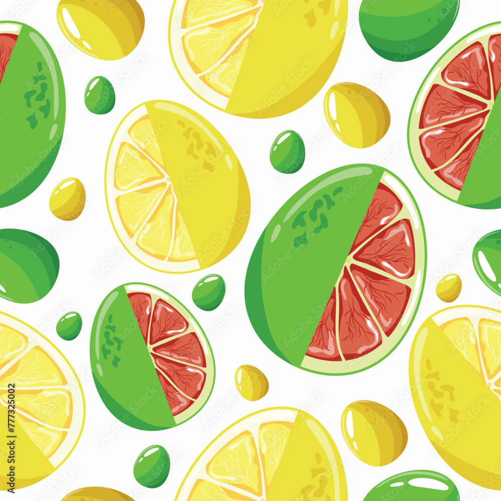 Easter seamless pattern with decorated eggs pomelo, lemon and green, yellow eggs for holiday poster, textile or packaging Easter seamless pattern with decorated eggs pomelo, lemon and green, yellow eggs for holiday poster, textile or packaging
