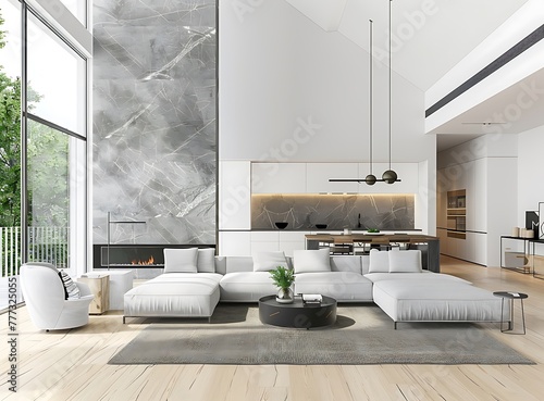 Modern living room with fireplace and open kitchen in new home  with bright white walls and a grey marble accent wall