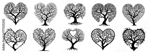 love heart tree decoration ornamen black silhouette vector, shape print, monochrome clipart illustration, laser cutting engraving nocolor