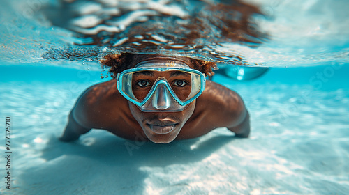Underwater photography of tourist with  mask . © Janis Smits