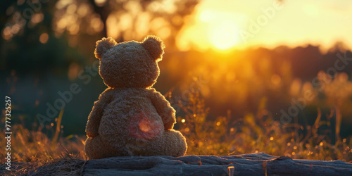 Teddy bear sits and watches the sunset, offering ample copy space. The warm sunshine lights up the atmosphere, captured in stunning 8k resolution. AI generative elements enhance realism. photo