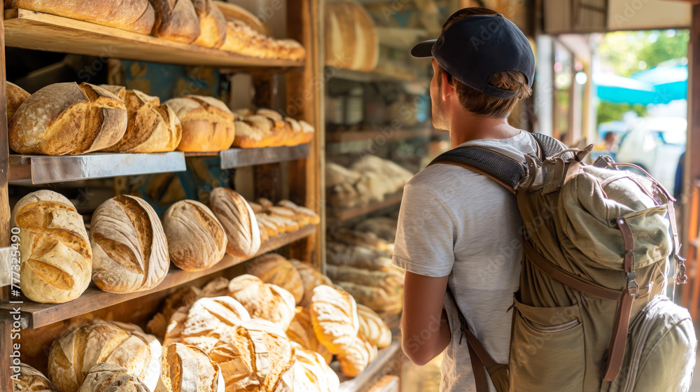 Man with a backpack looking at artisanal bread through a bakery shop window in a quaint village.