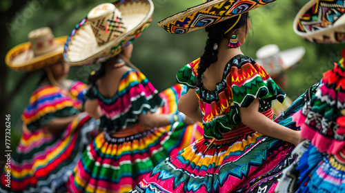 A group of young Mexican women in traditional dress, wearing sombreros and colorful dresses, performing a fiesta dance at the park. Cinco de mayo. The day of the dead. Mexico festival