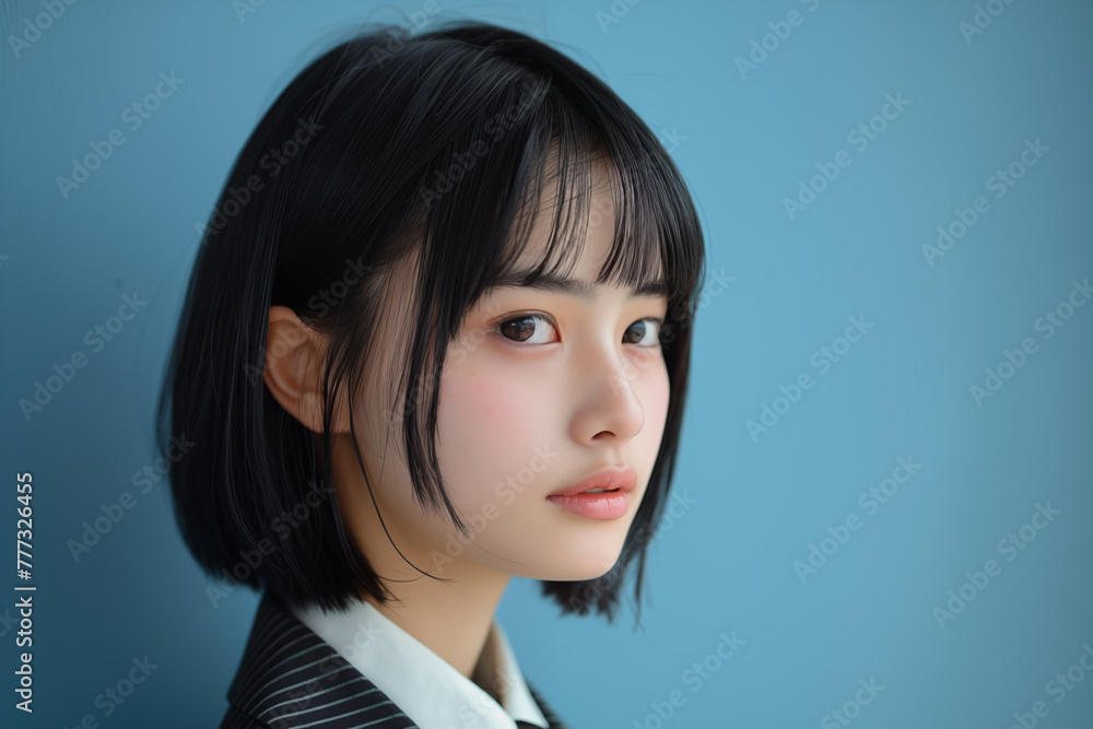 Portrait of a young Asian woman with a bob haircut against a blue background Portrait of a young Asian woman with a bob haircut against a blue background