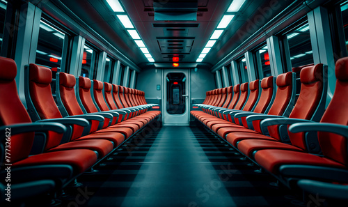 inside of an empty subway train with red chairs / seats. city urban public transportation 