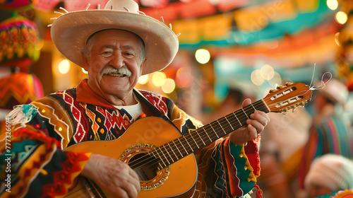 A man in a mariachi suit playing guitar at a fiesta. Cinco de mayo. The day of the dead. Mexico festival
