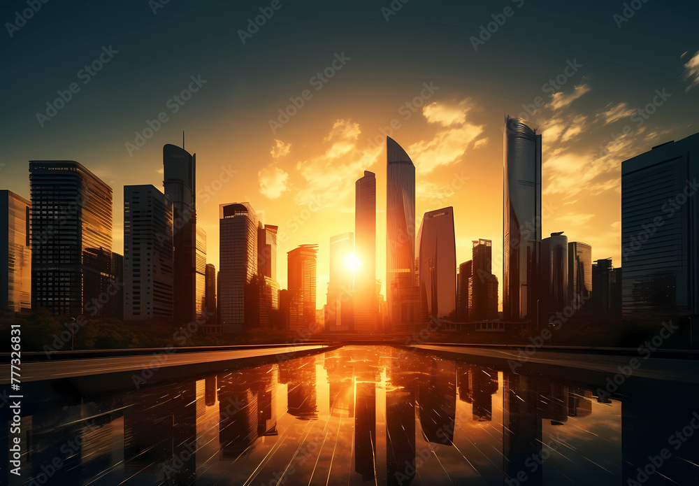 Sunny cityscape with skyscrapers and setting sun