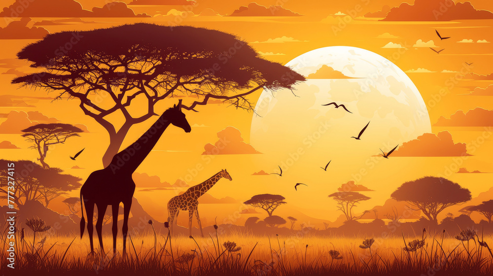 African savannah at sunset, wildlife silhouettes, paper cut with vivid color dimensions,