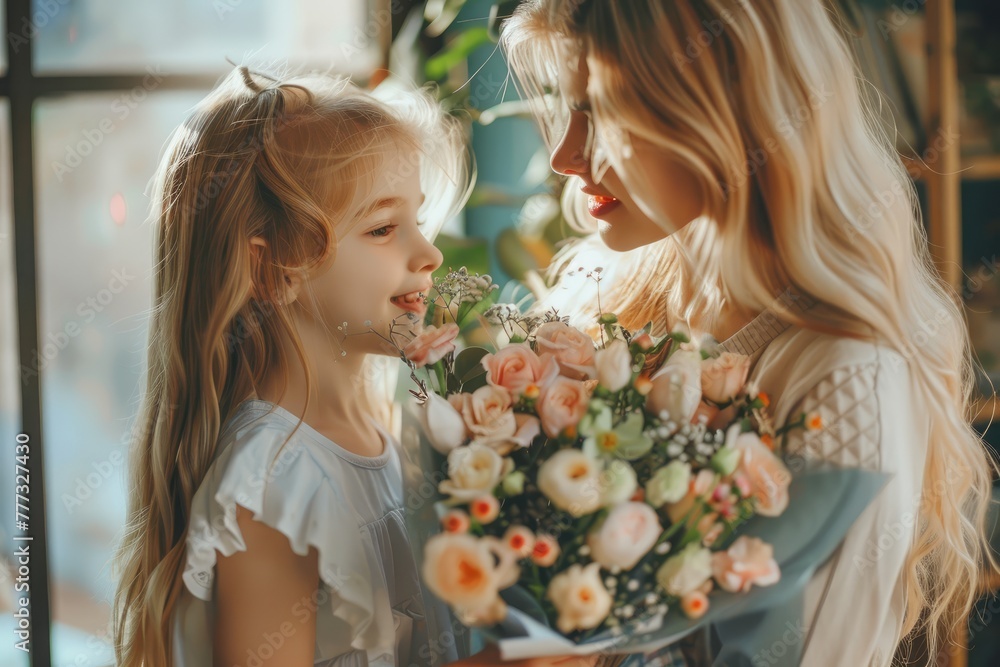 Little cute daughter gives her mom a bouquet of flowers, mother's day, holiday, entertainment, birthday Little cute daughter gives her mom a bouquet of flowers, mother's day, holiday, entertainment, birthday