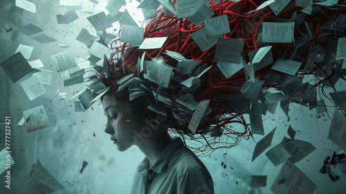 Abstract visualization of a mind cluttered with deadlines and stress, surreal, photo