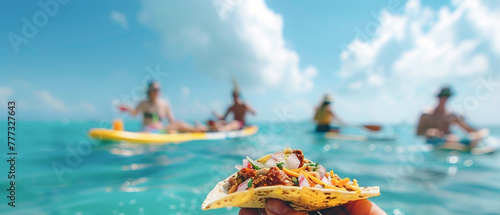 A delicious taco spread on a stand-up paddle SUP board Mexican food for outdoor lunch on the beach