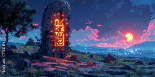 A pixelated scene of an archaic rune stone, its glyphs shining with a prophecy yet to unfold photo
