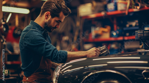 Car enthusiast vlogger detailing a classic car restoration, garage setting