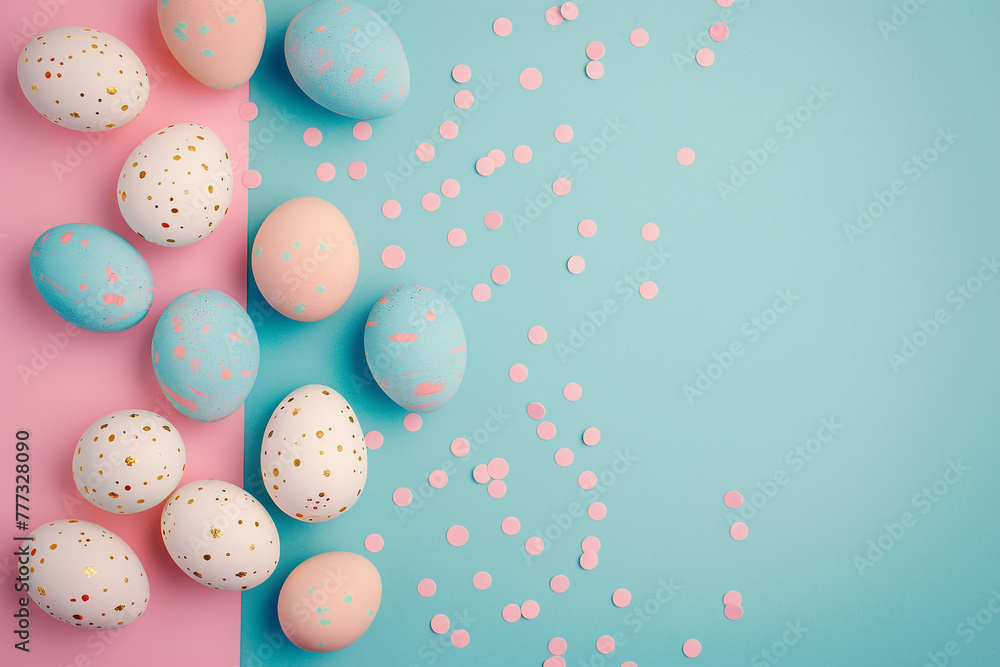 Painted pastel color easter eggs on a light blue and pink color background with a place to text. April easter celebration. AI generated. 