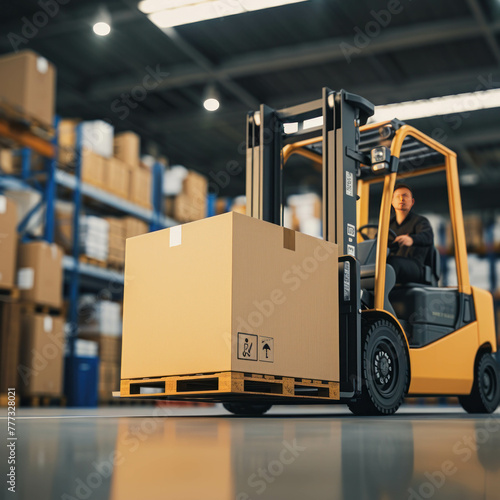 Experience the intricacies of warehouse logistics with a closeup view of a forklift lifting cargo. AI generative technology adds realism. photo