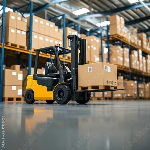 Explore the efficiency of cargo handling as a forklift lifts a box in a warehouse closeup view. AI generative technology enriches the scene. photo