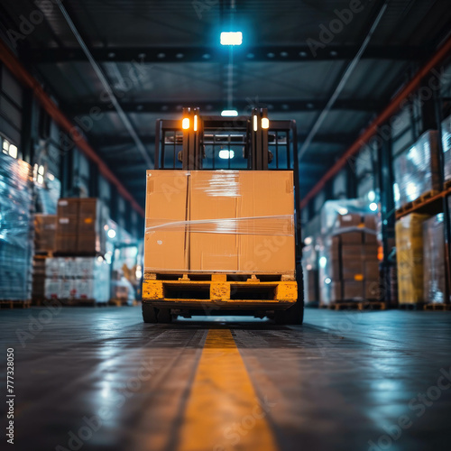 Experience the intricacies of warehouse logistics with a closeup view of a forklift lifting cargo. AI generative technology adds realism. photo