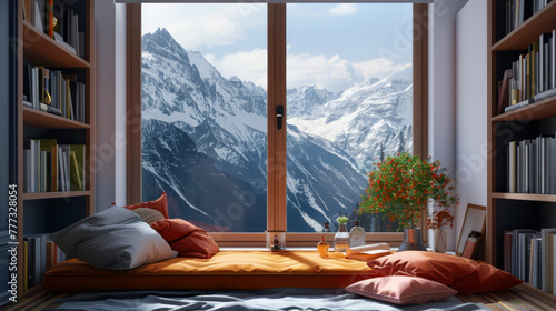 Cozy reading nook with a view of the snow-capped mountains, minimalistic, © Anuwat
