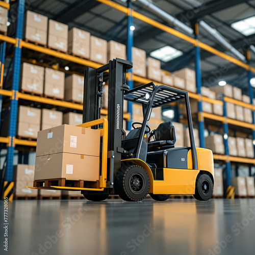 Witness the precision of a forklift lifting cargo box in a closeup warehouse view. AI generative technology enhances the image's realism. photo