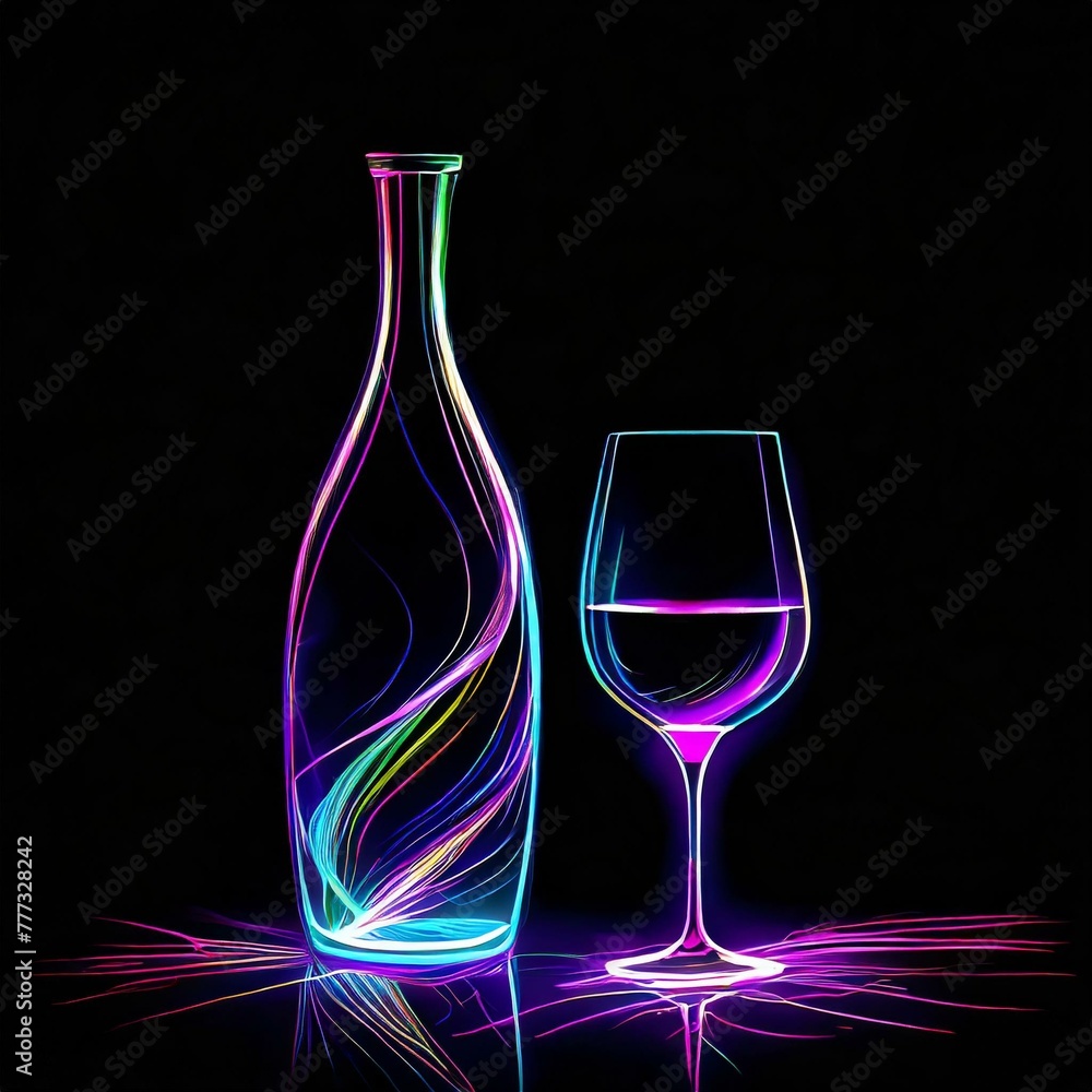 Butelka i kieliszek z winem. Neonowy rysunek na czarnym tle - obrazy, fototapety, plakaty 