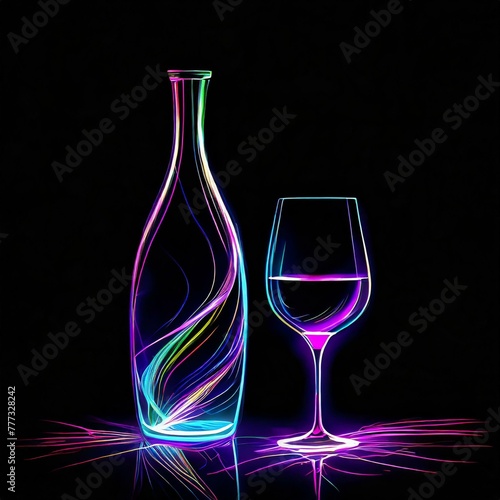 Butelka i kieliszek z winem. Neonowy rysunek na czarnym tle