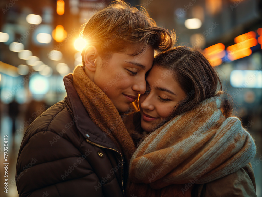 a young couple hugging and happy to reunite at the airport / train station in cold weather wearing jackets and scarf, golden hour 