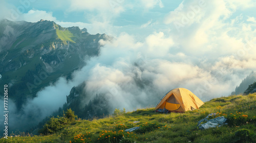 Immerse yourself in the beauty of nature with this high-quality image featuring camping equipment amidst clouds and fog in the mountains. AI generative.