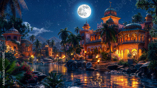 Moonlit Arabian Palace by Tranquil Waterscape