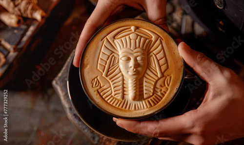 closeup of a coffee latte art of an ancient Egypt Pharaon  seen from above in the cafe wallpaper cappuccino art
