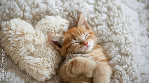 Witness the innocence of a kitten curled up on a heart-shaped pillow, viewed from a close-up top angle. AI generative."