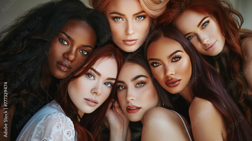 Group portrait of beautiful ladies with different skin and hair colors. Close-up Group portrait of beautiful ladies with different skin and hair colors. Close-up