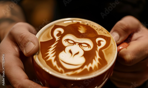 closeup of a coffee latte art of a monkey seen from above in the cafe wallpaper cappuccino art
